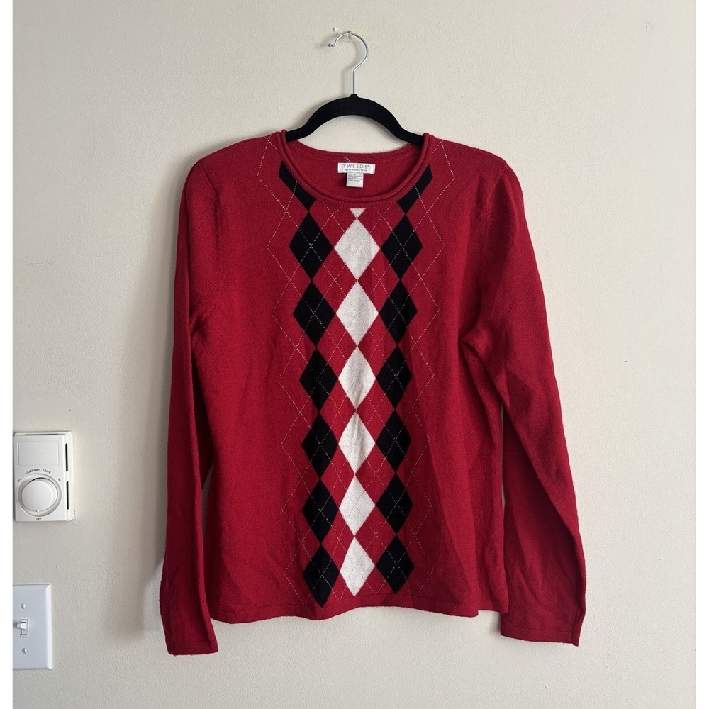 Vintage Y2K‎ 2000s Argyle Diamond WOOL Sweater Crewneck Tweeds Red Black Large